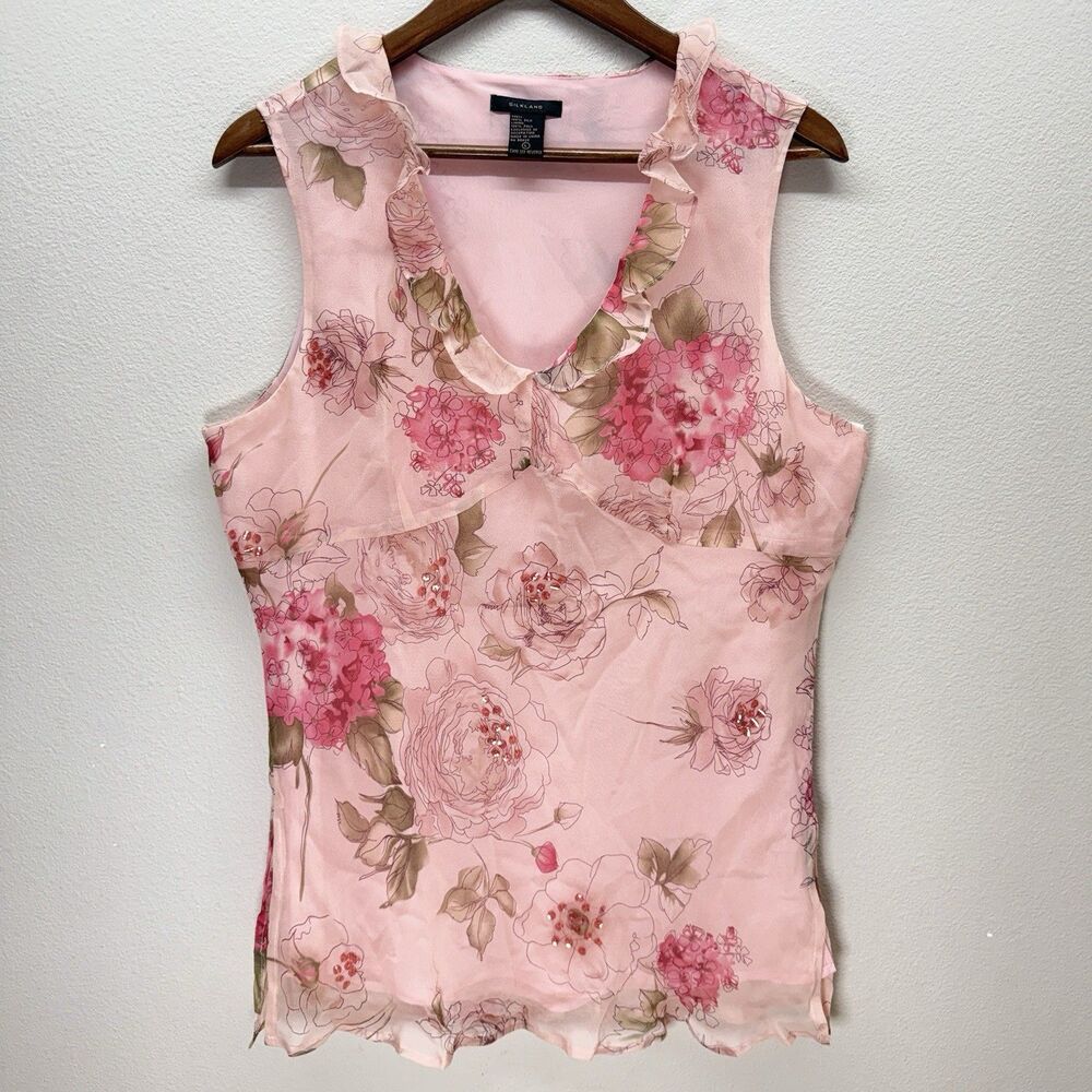 Vintage Silk Fairy Top Womens L Pink Sequin Floral Ruffle Romantic Whimsi Flirty